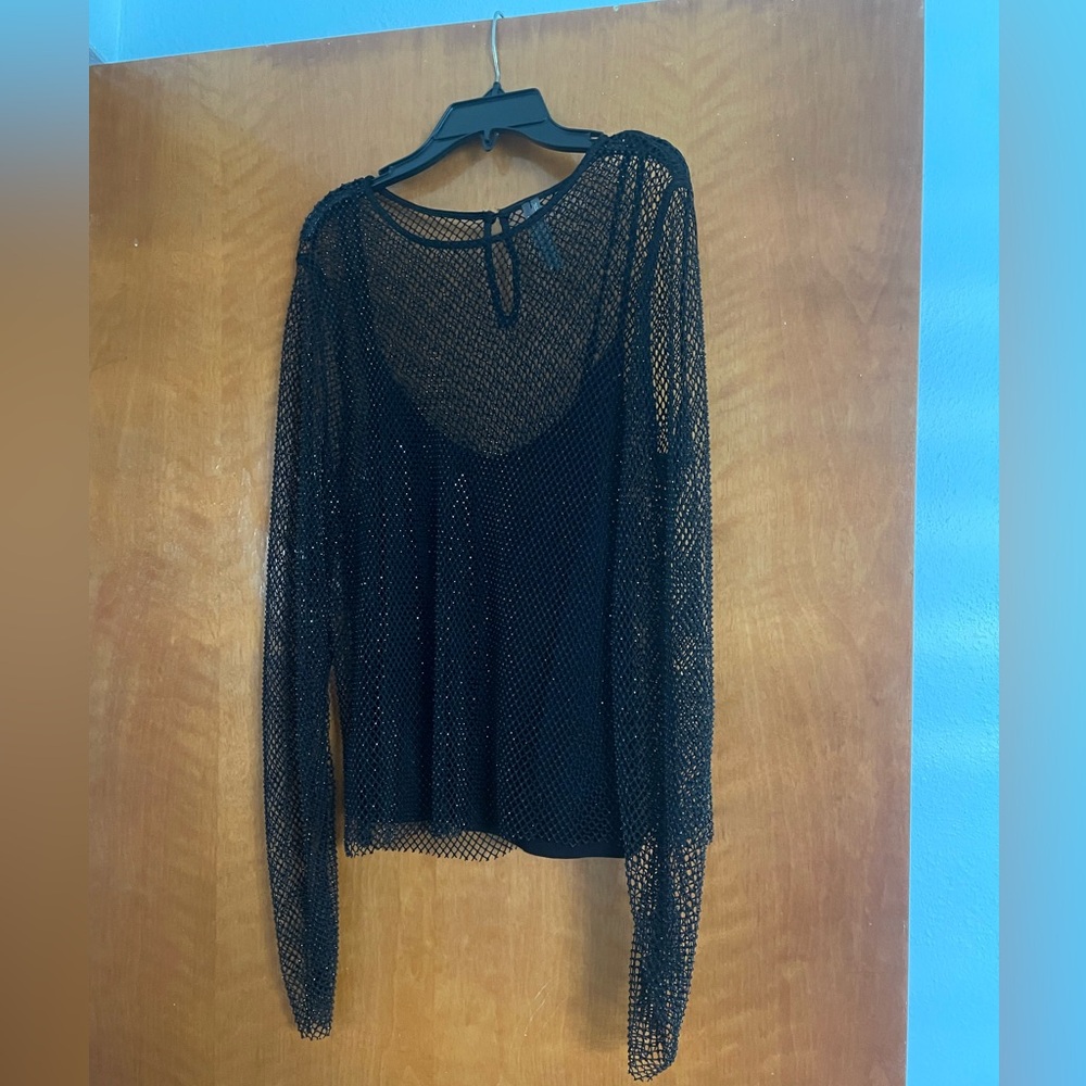 Anthropologie Black Rhinestones Lined Mesh Top